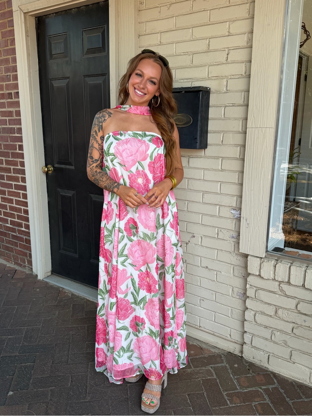 TCEC Pink Floral Strapless Maxi Dress with Neck Scarf